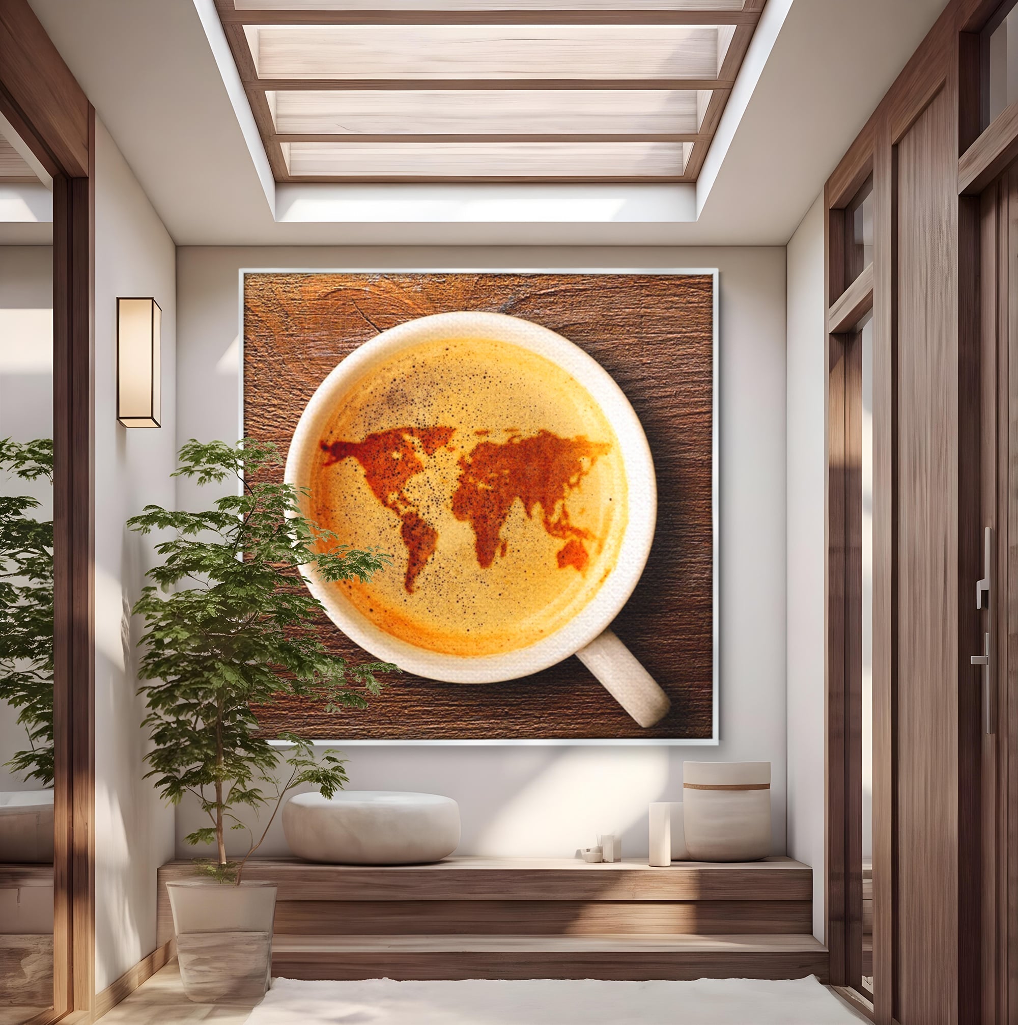 Tablou canvas cu ceasca de cafea cu harta lumii, in rama de aluminiu argintiu